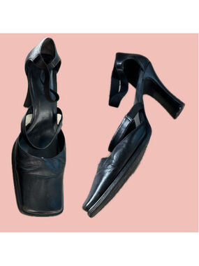 Vintage ALDO Black Leather Square Toe Heels Size 39 Y2K Minimalist